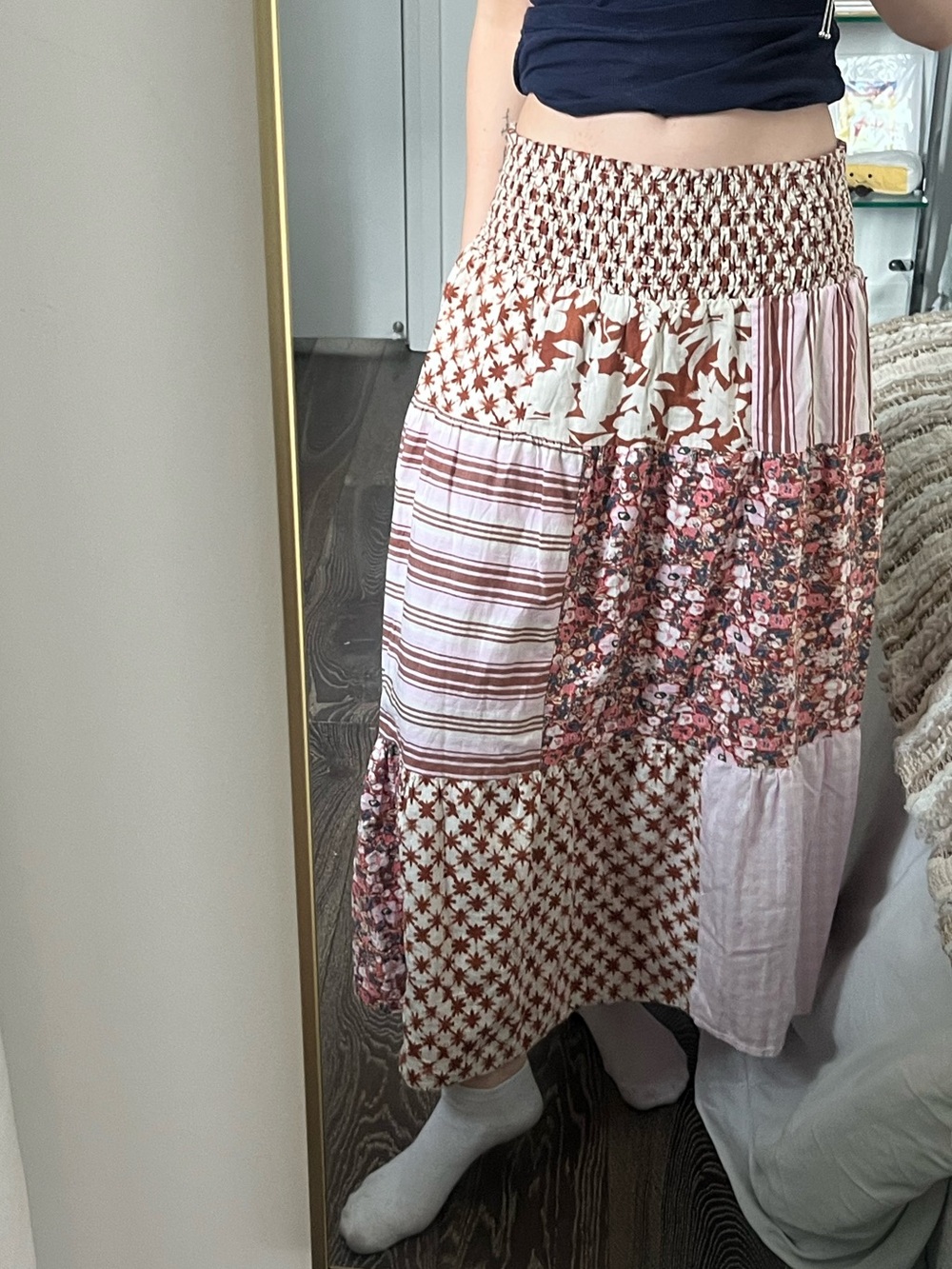 Pink and Brown Patchwork Maxi Skirt